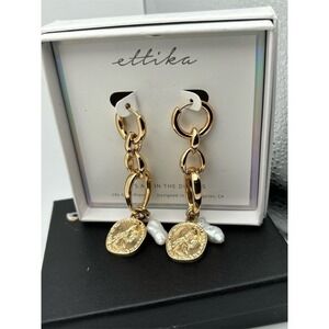 Ettika Gold Plated Dangle Earrings with Coin & Pearl Accents